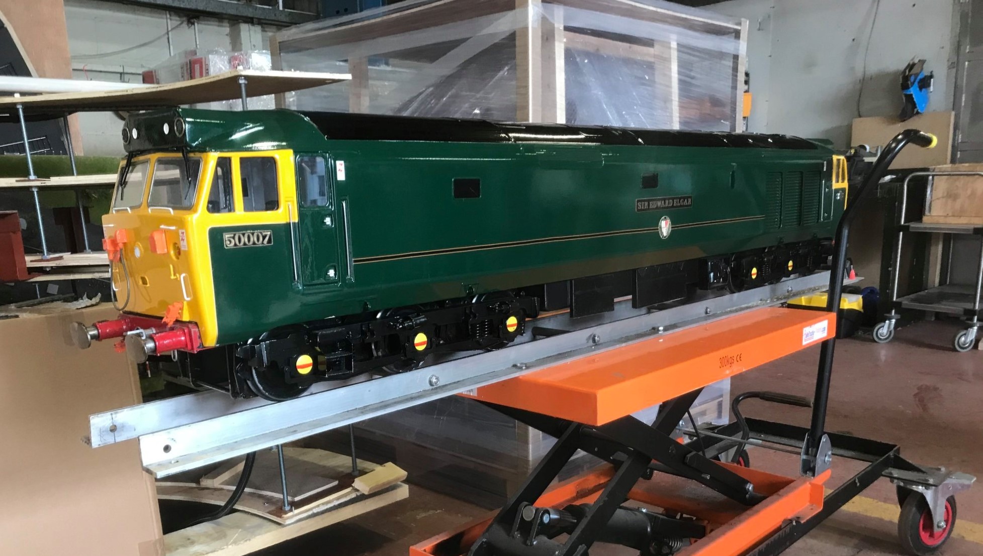 Green Class 50 50007 Sir Edward Elgar in a workshop. Photograph supplied by Phil, shared by Phoenix on 23 April 2020.